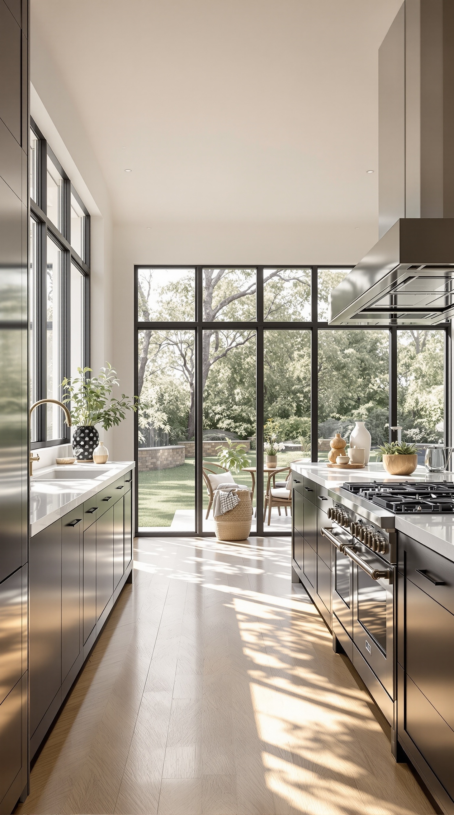 Bright kitchen with large windows, light cabinetry, and a central island with plants.