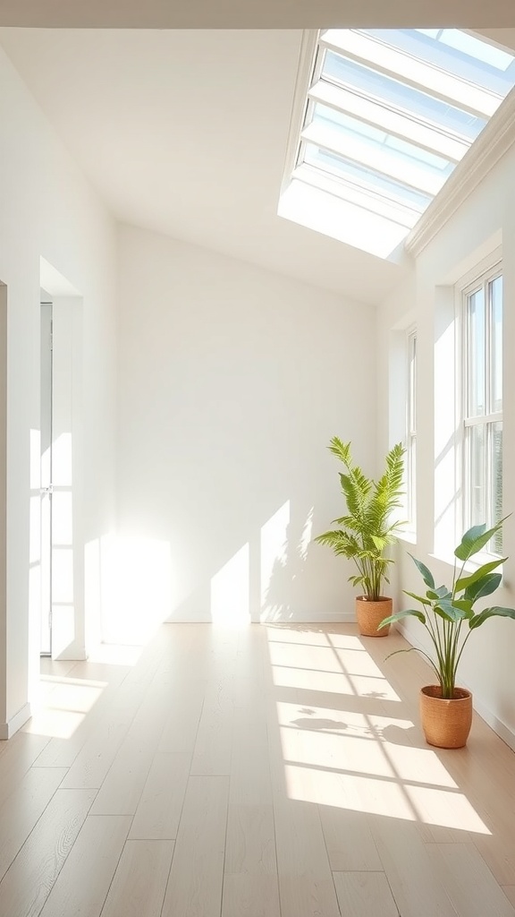 Bright room with large windows and a skylight, featuring potted plants