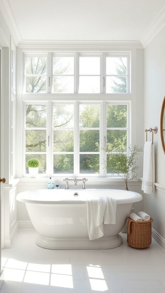 A bright and airy minimalist cottage bathroom with large windows, a freestanding bathtub, and natural elements.