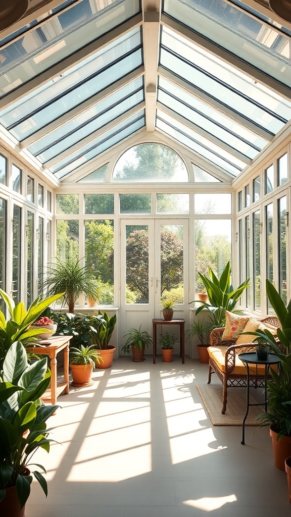 Bright conservatory with glass roof, plants, and cozy seating