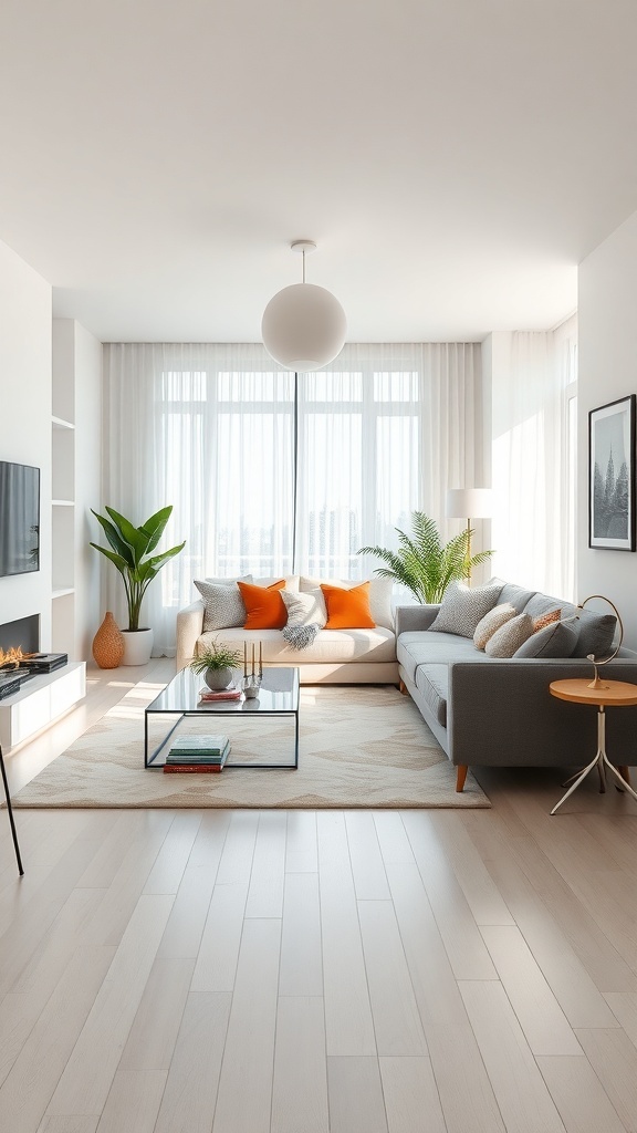 A bright living room with sheer curtains, a gray sofa, orange cushions, and plants.