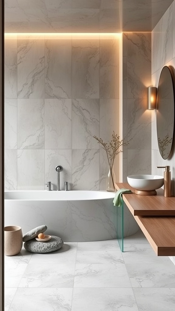 A stylish bathroom featuring a marble tub, wooden accents, and natural stone elements.