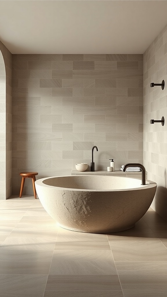 A serene bathroom featuring natural stone walls and a round stone bathtub.