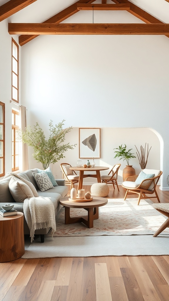 A cozy living room with wooden beams, natural textures, and plants, creating an earthy sanctuary.