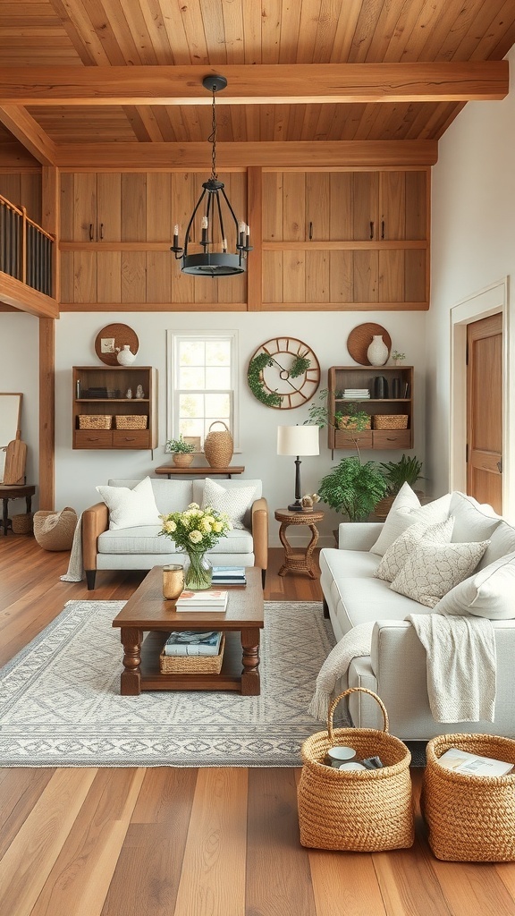 A cozy modern farmhouse living room featuring wooden ceiling, neutral furniture, and natural textures.