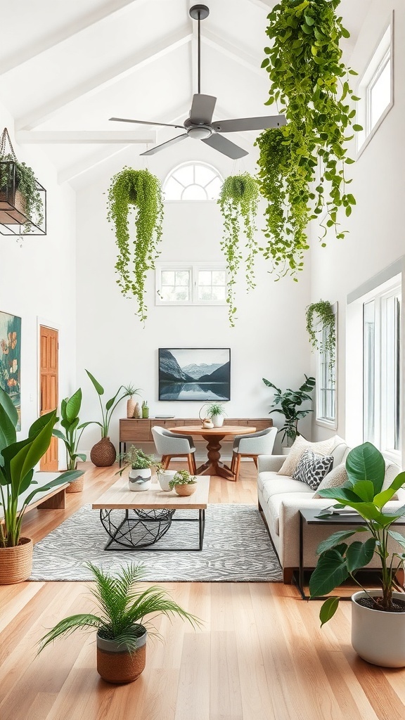 Open concept living and dining room with hanging plants and natural light