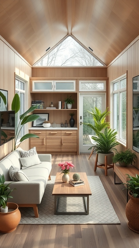 Ein moderner Raum mit großen Fenstern, Holzverkleidung und vielen Pflanzen.