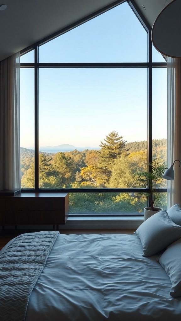 A minimalist bedroom with a large window showing a scenic view of trees and mountains.
