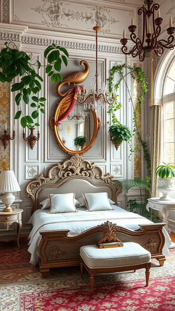 A luxurious Rococo bedroom featuring elegant furniture and indoor plants.