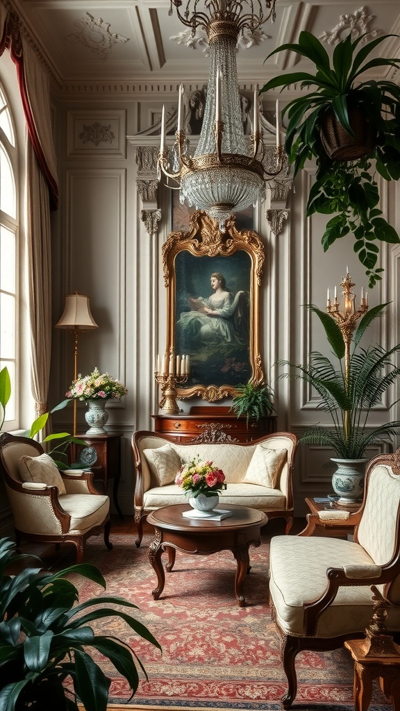 A vintage Rococo interior featuring ornate gold mirrors, a chandelier, and lush plants.