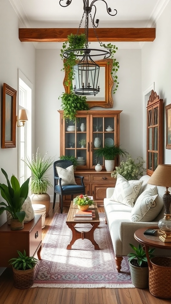A cozy living room featuring Rococo style with natural elements, plants, and vintage decor.