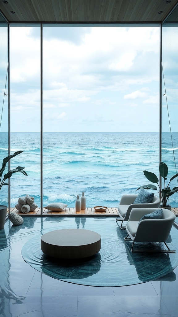A modern interior with large glass windows showcasing a view of the ocean, featuring minimal furniture and natural elements.