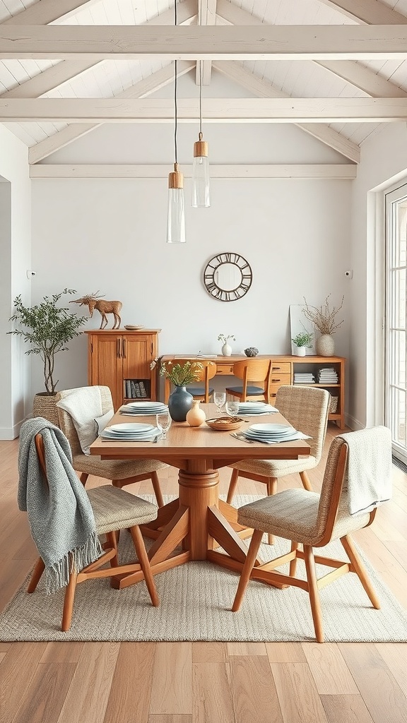 A cozy Scandinavian dining area featuring a wooden table, natural fiber chairs, and light wood beams.