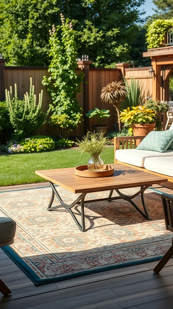 A cozy outdoor seating area with a wooden coffee table on a decorative rug surrounded by lush greenery.