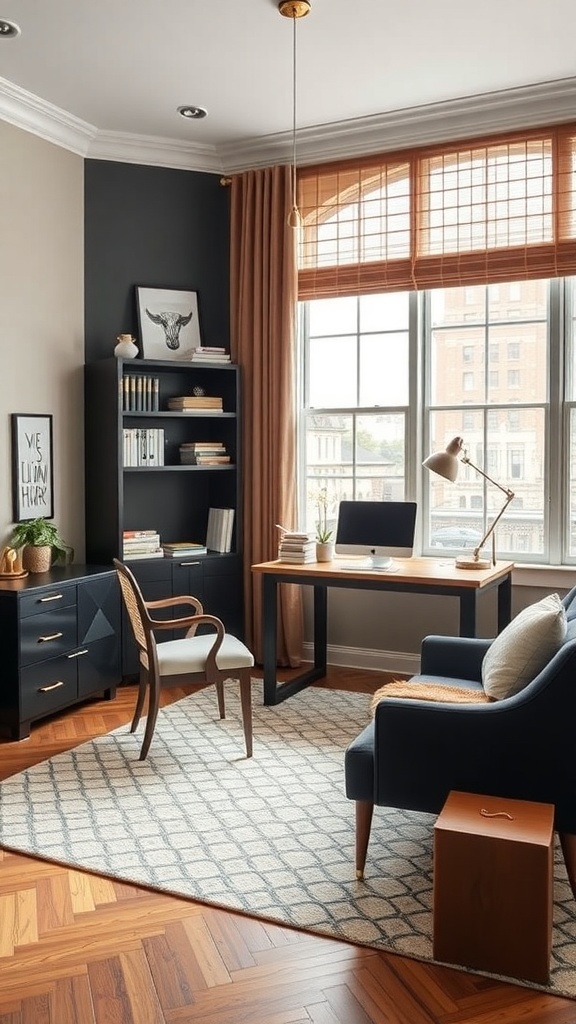 A modern home office featuring a desk, chair, bookshelf, and warm wood tones.