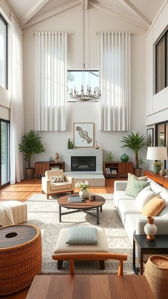 A bright and airy living room featuring large windows, plants, and cozy furniture.