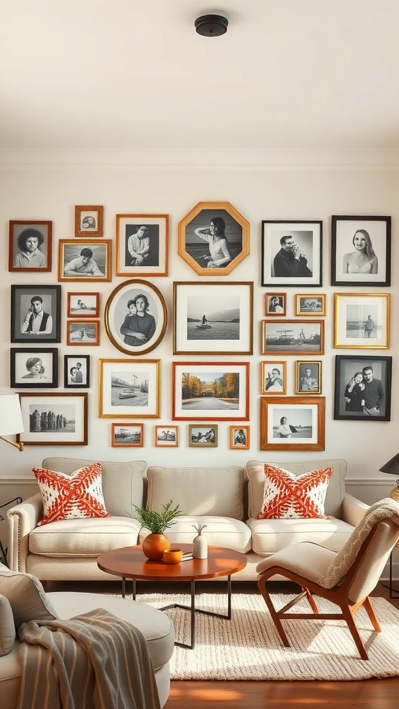 Gallery wall featuring personal photos in various frames.