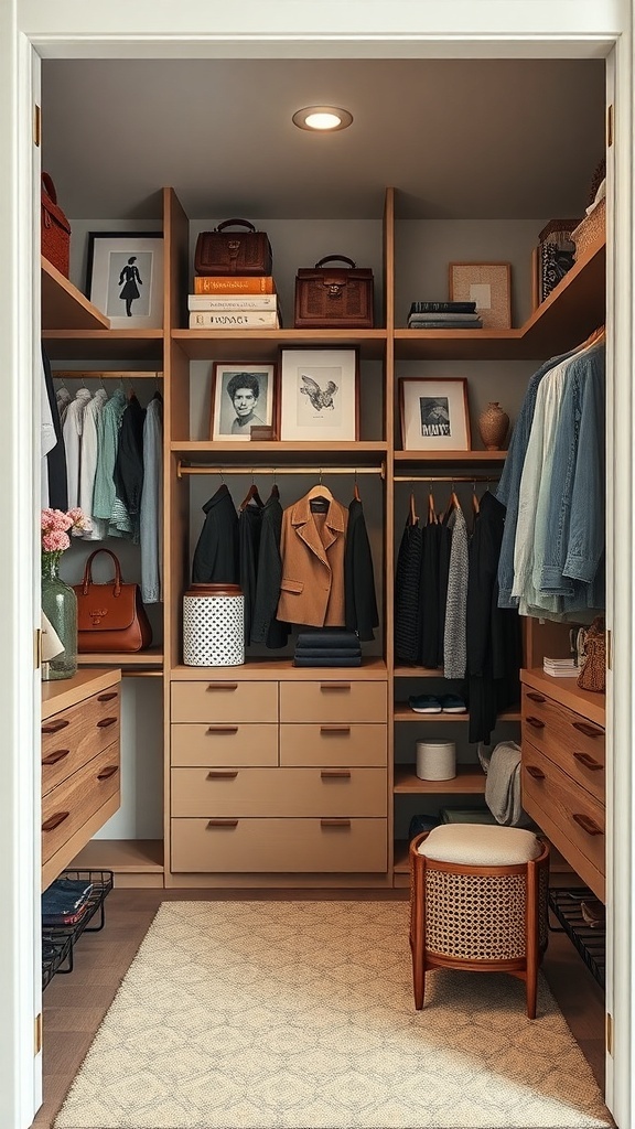 A well-organized walk-in closet featuring shelves with bags, books, framed photos, and a cozy stool.