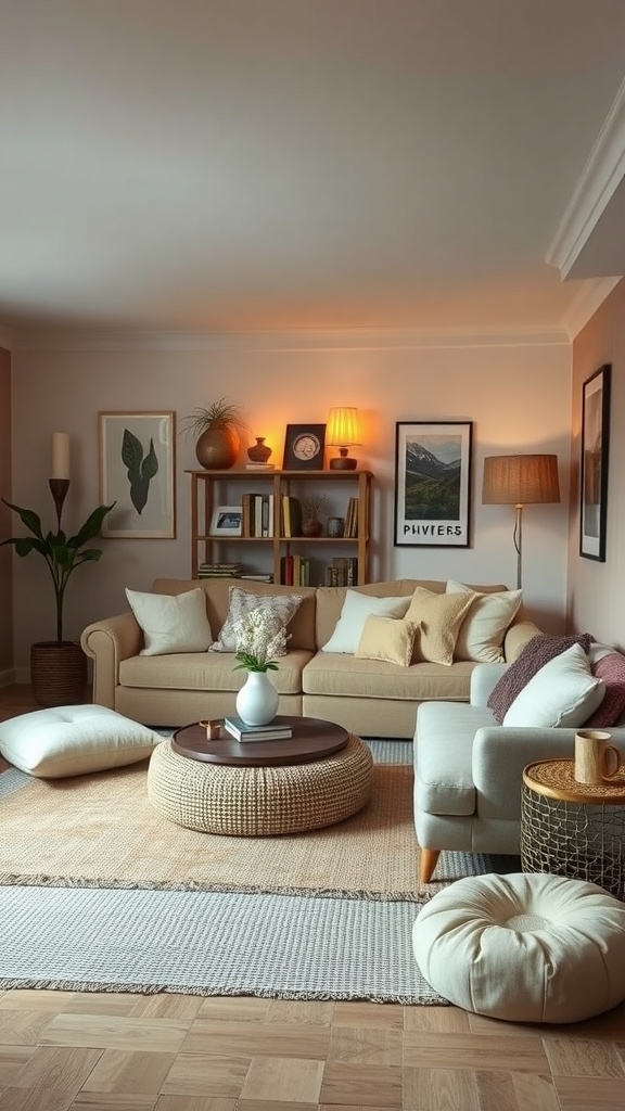 Cozy sunken lounge with cushions, rugs, and soft lighting