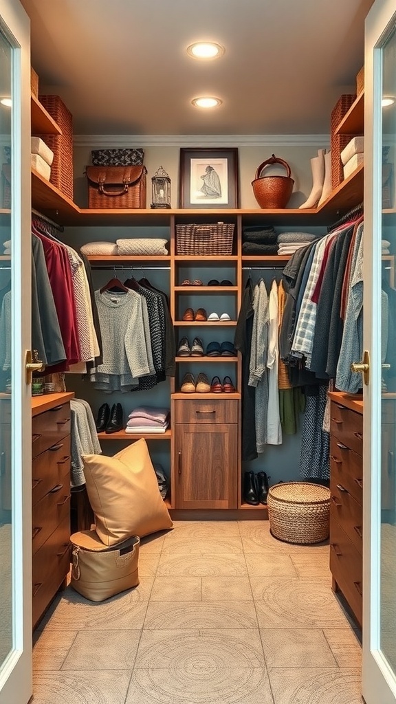 A well-organized walk-in closet with wooden shelves, neatly arranged clothes, and decorative elements.