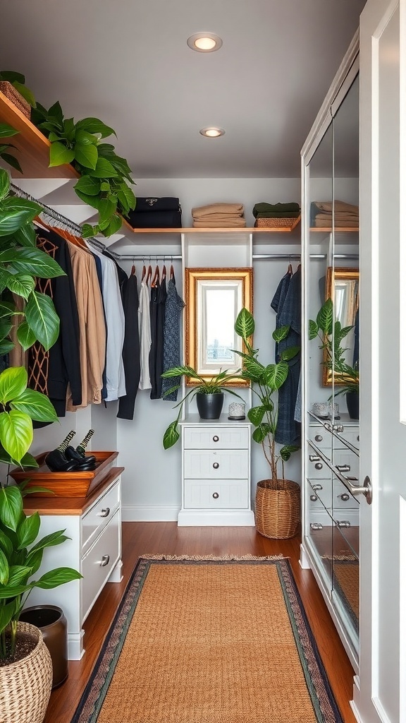 A stylish walk-in closet featuring plants, organized clothing, and a mirror, creating a fresh and inviting atmosphere.