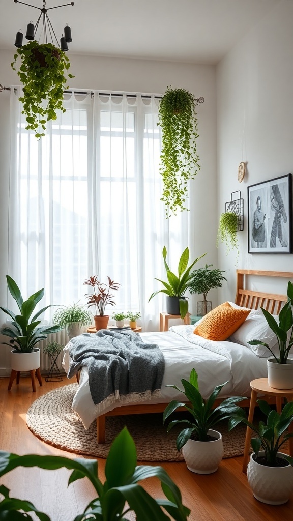 A cozy small bedroom filled with various plants, featuring hanging plants, potted greenery, and a comfortable bed.