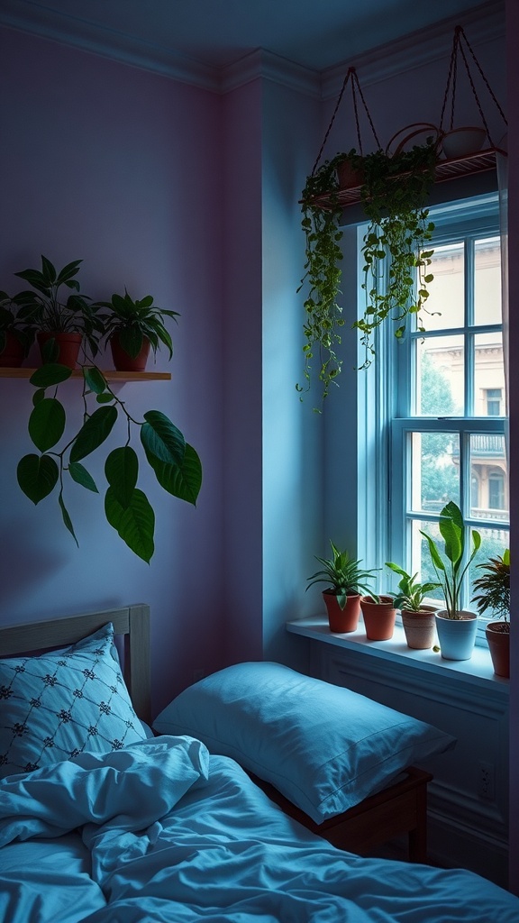 A cozy bedroom with plants on the windowsill and hanging from the ceiling.