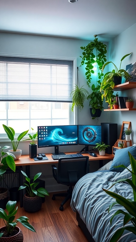 A cozy gaming bedroom with multiple plants, a desk with dual monitors, and a neatly made bed.