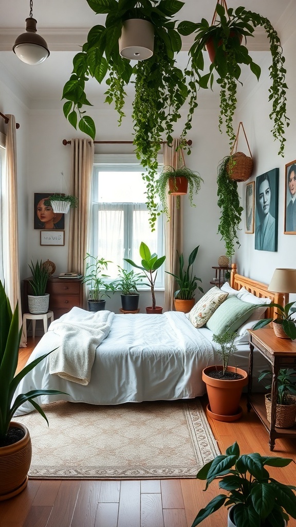 A cozy bedroom filled with various plants, featuring hanging plants and a bed with white linens.