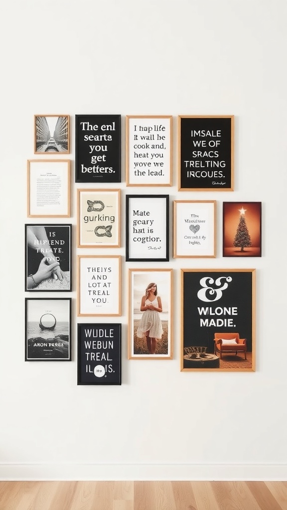 Gallery wall featuring a variety of quotes and typography in different frames.