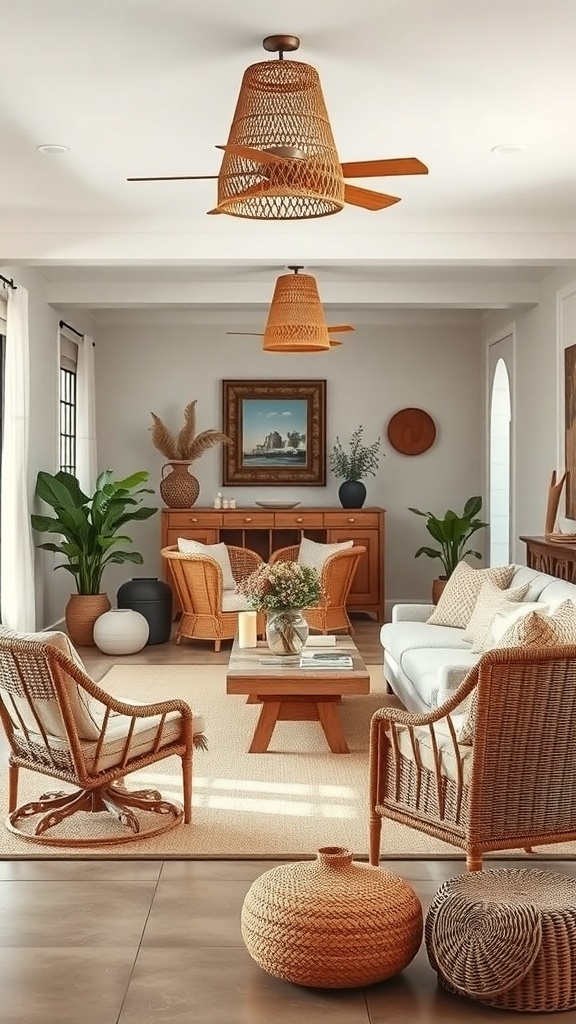 A boho living room featuring rattan and wicker furniture, with plants and wooden accents.
