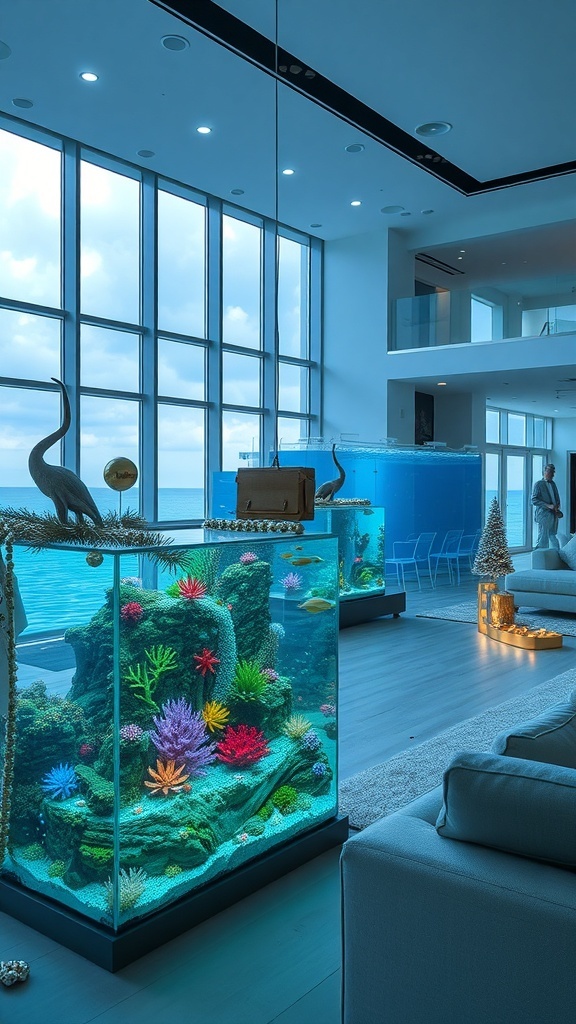 A stylish living room featuring two aquariums with colorful corals and seasonal decor, large windows showcasing a beautiful view.