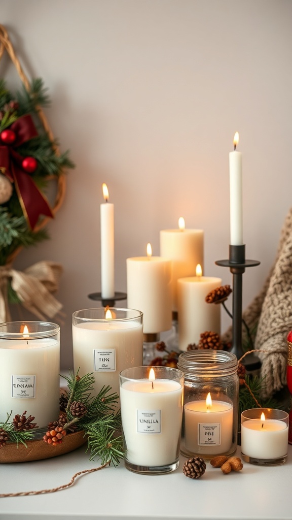 A cozy arrangement of candles and pine decorations, showcasing seasonal scents.