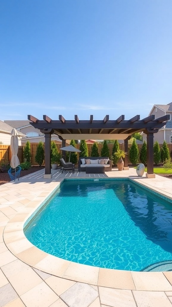 A sunken above ground pool with a stylish pergola providing shade and a cozy seating area.