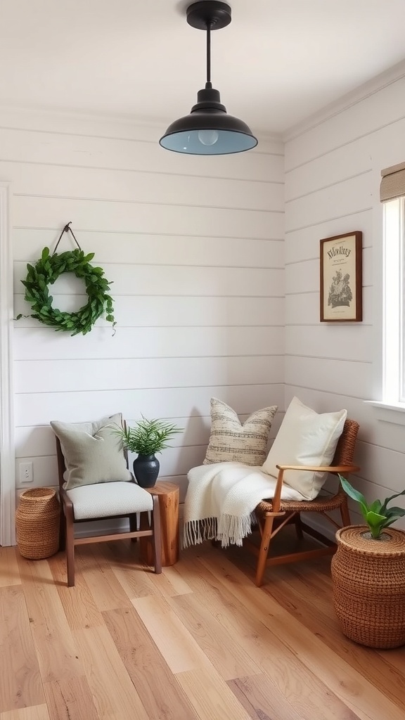 A cozy living room featuring shiplap walls, wooden beams, and light-colored furniture.