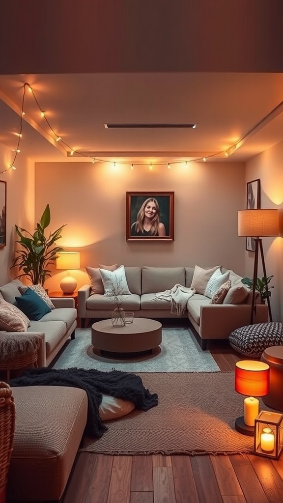 A cozy sunken lounge with soft lighting, cushions, and rugs.