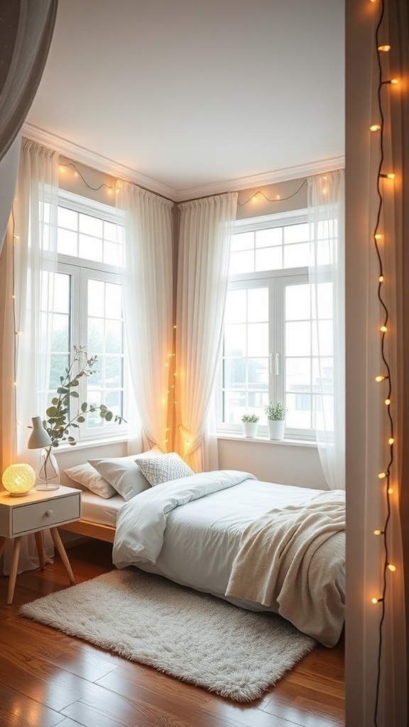A cozy small bedroom with soft lighting, featuring string lights around the windows and a warm bedside lamp.