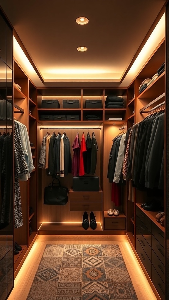 A cozy walk-in closet featuring soft lighting, organized shelves, and a warm atmosphere.