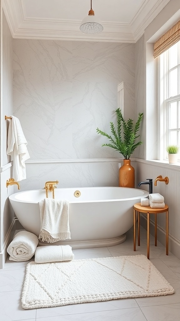 A serene bathroom featuring a freestanding tub, soft towels, and a cozy rug.