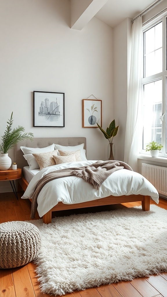 A cozy small bedroom featuring soft textiles, including a fluffy rug, knitted blanket, and plush pillows.