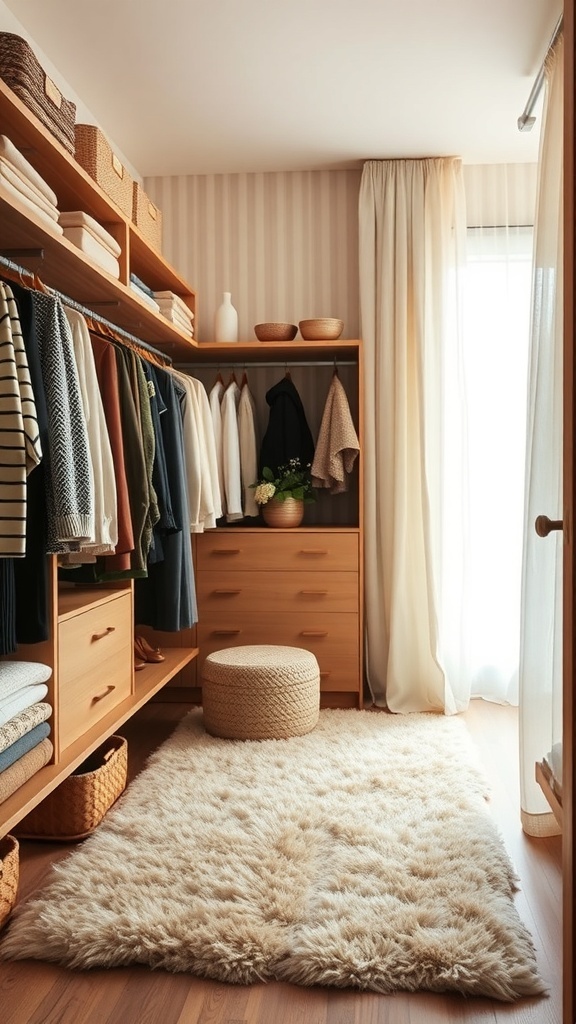 A cozy walk-in closet featuring soft textiles, including a plush rug, curtains, and a pouf.