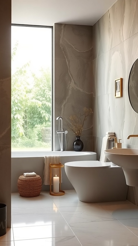 A modern spa-like bathroom with natural light, a bathtub, and calming decor.