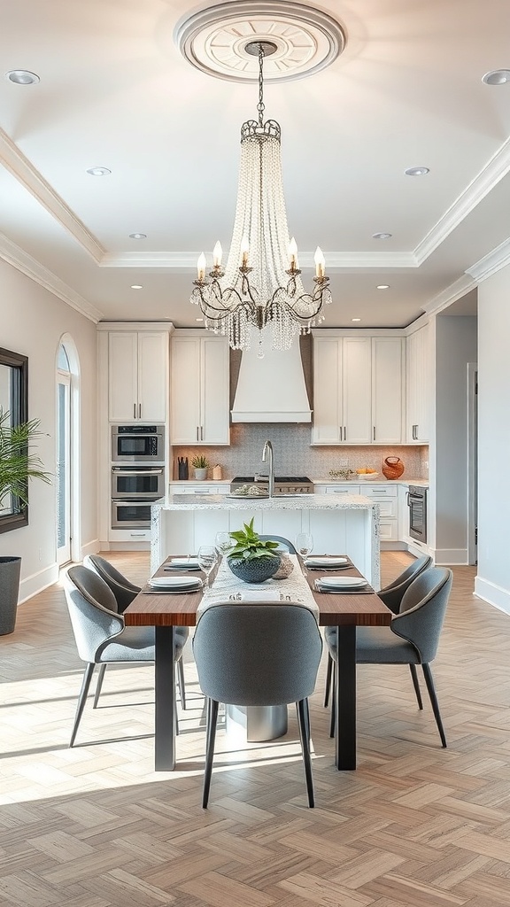 A chic kitchen and dining area featuring a stunning chandelier, modern dining table, and elegant decor.