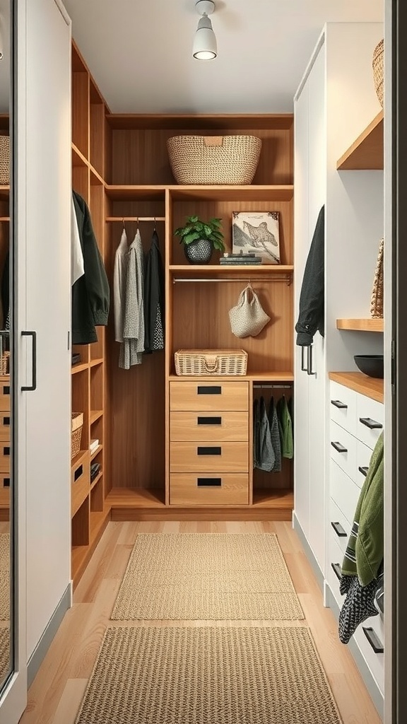 A modern walk-in closet featuring wooden shelves, eco-friendly storage options, and energy-efficient lighting.