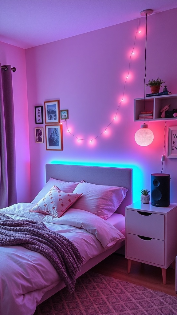Aesthetic teen girl bedroom with modern decor and tech gadgets.