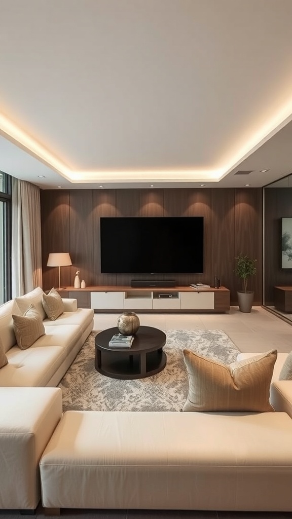 Modern lounge area with a sunken couch, large TV, and stylish decor.