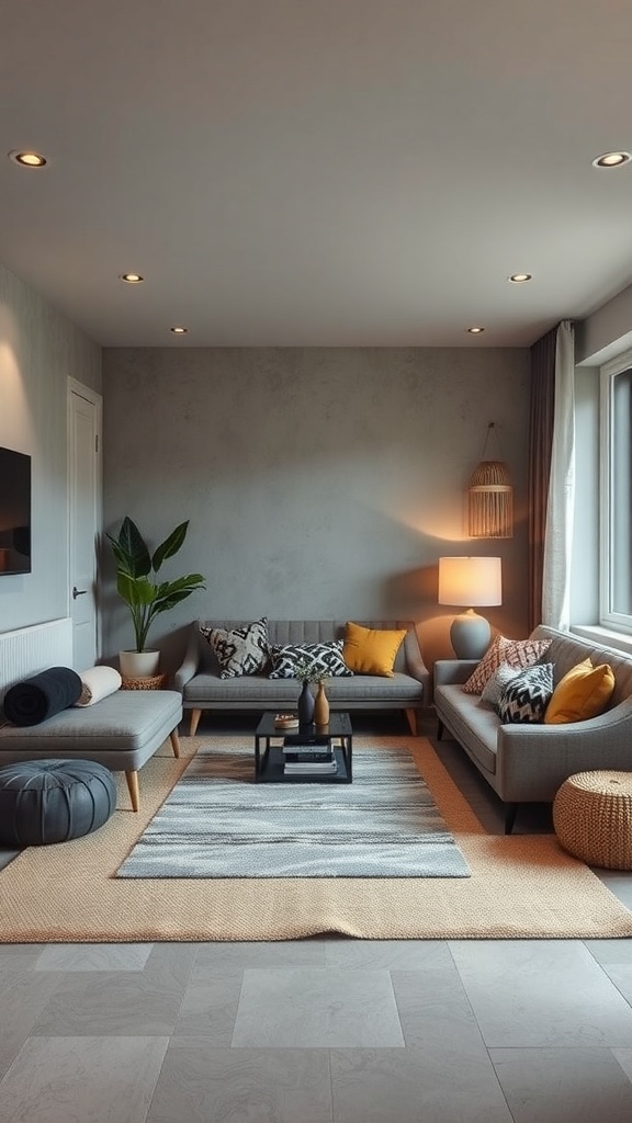 Cozy sunken lounge with modern technology, soft lighting, and comfortable seating.