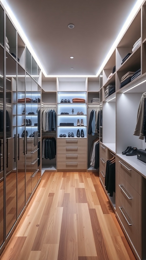 A modern walk-in closet with sleek storage solutions and smart lighting.