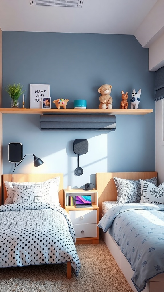 A stylish kids bedroom featuring a desk with a computer, cozy bedding, and decorative wall art.