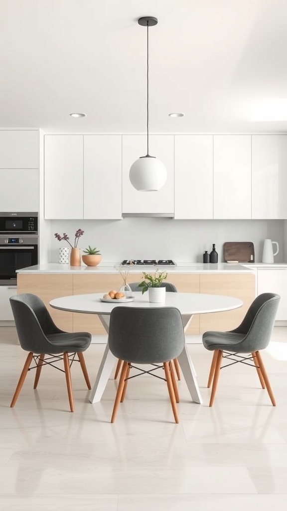 A modern dining area featuring a round table and stylish chairs, complemented by a pendant light.